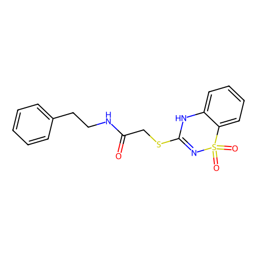 2-((1,1-dioxido-4H-benzo[e][1,2,4]thiadiazin-3-yl)thio)-N-phenethylacetamide structure