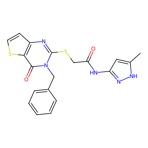 2-({3-benzyl-4-oxo-3H,4H-thieno[3,2-d]pyrimidin-2-yl}sulfanyl)-N-(3-methyl-1H-pyrazol-5-yl)acetamide structure