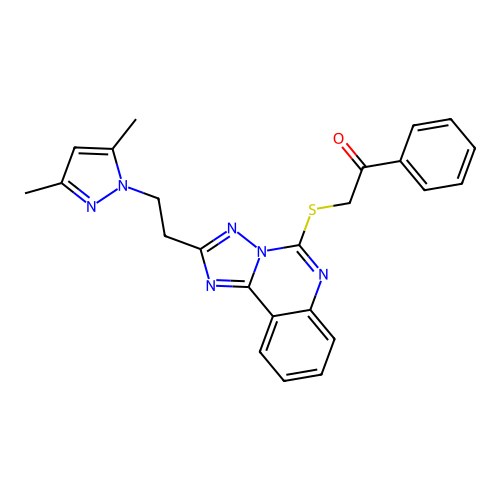 2-({2-[2-(3,5-dimethyl-1H-pyrazol-1-yl)ethyl]-[1,2,4]triazolo[1,5-c]quinazolin-5-yl}sulfanyl)-1-phenylethan-1-one structure