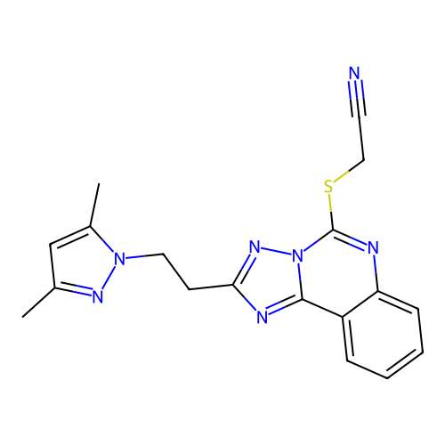 2-({2-[2-(3,5-dimethyl-1H-pyrazol-1-yl)ethyl]-[1,2,4]triazolo[1,5-c]quinazolin-5-yl}sulfanyl)acetonitrile structure
