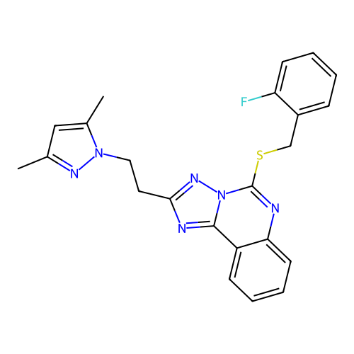1-[2-(5-{[(2-fluorophenyl)methyl]sulfanyl}-[1,2,4]triazolo[1,5-c]quinazolin-2-yl)ethyl]-3,5-dimethyl-1H-pyrazole structure