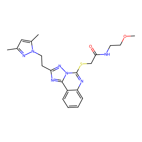 2-({2-[2-(3,5-dimethyl-1H-pyrazol-1-yl)ethyl]-[1,2,4]triazolo[1,5-c]quinazolin-5-yl}sulfanyl)-N-(2-methoxyethyl)acetamide structure