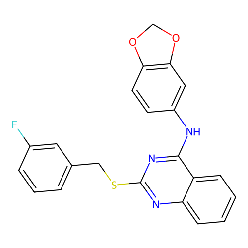 N-(1,3-benzodioxol-5-yl)-2-[(3-fluorophenyl)methylsulfanyl]quinazolin-4-amine structure