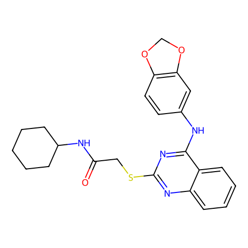2-[4-(1,3-benzodioxol-5-ylamino)quinazolin-2-yl]sulfanyl-N-cyclohexylacetamide structure