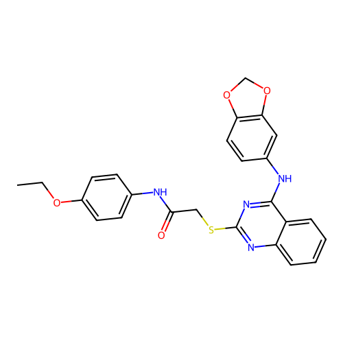 2-({4-[(2H-1,3-benzodioxol-5-yl)amino]quinazolin-2-yl}sulfanyl)-N-(4-ethoxyphenyl)acetamide structure