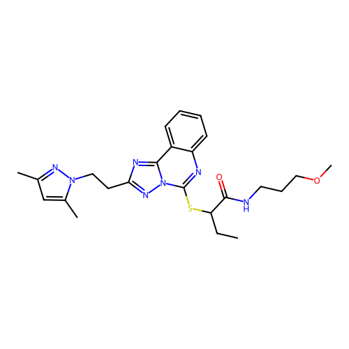 2-({2-[2-(3,5-dimethyl-1H-pyrazol-1-yl)ethyl]-[1,2,4]triazolo[1,5-c]quinazolin-5-yl}sulfanyl)-N-(3-methoxypropyl)butanamide structure