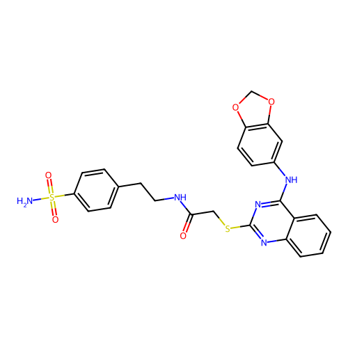 2-({4-[(2H-1,3-benzodioxol-5-yl)amino]quinazolin-2-yl}sulfanyl)-N-[2-(4-sulfamoylphenyl)ethyl]acetamide structure