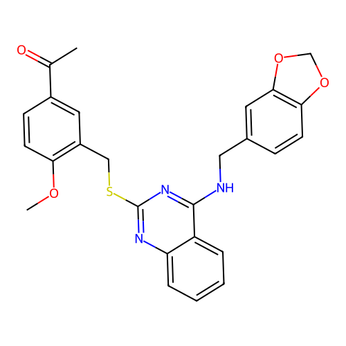 1-(3-{[(4-{[(2H-1,3-benzodioxol-5-yl)methyl]amino}quinazolin-2-yl)sulfanyl]methyl}-4-methoxyphenyl)ethan-1-one structure