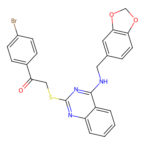 2-[(4-{[(2H-1,3-benzodioxol-5-yl)methyl]amino}quinazolin-2-yl)sulfanyl]-1-(4-bromophenyl)ethan-1-one structure