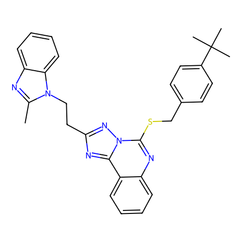 1-[2-(5-{[(4-tert-butylphenyl)methyl]sulfanyl}-[1,2,4]triazolo[1,5-c]quinazolin-2-yl)ethyl]-2-methyl-1H-1,3-benzodiazole structure