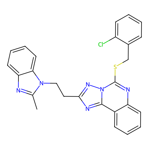 1-[2-(5-{[(2-chlorophenyl)methyl]sulfanyl}-[1,2,4]triazolo[1,5-c]quinazolin-2-yl)ethyl]-2-methyl-1H-1,3-benzodiazole structure