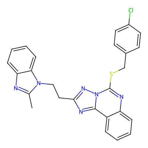 1-[2-(5-{[(4-chlorophenyl)methyl]sulfanyl}-[1,2,4]triazolo[1,5-c]quinazolin-2-yl)ethyl]-2-methyl-1H-1,3-benzodiazole structure
