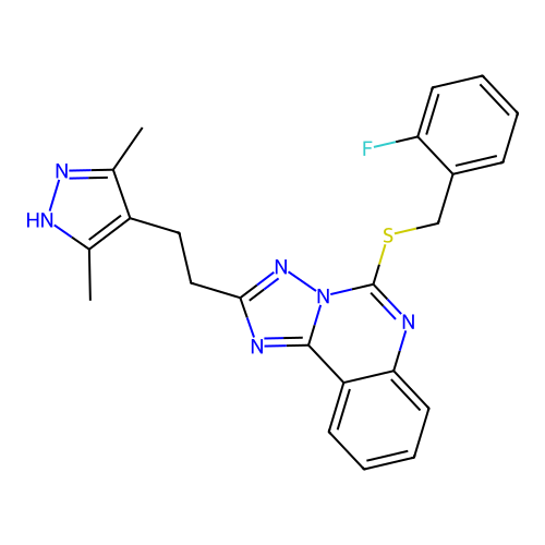 4-[2-(5-{[(2-fluorophenyl)methyl]sulfanyl}-[1,2,4]triazolo[1,5-c]quinazolin-2-yl)ethyl]-3,5-dimethyl-1H-pyrazole structure