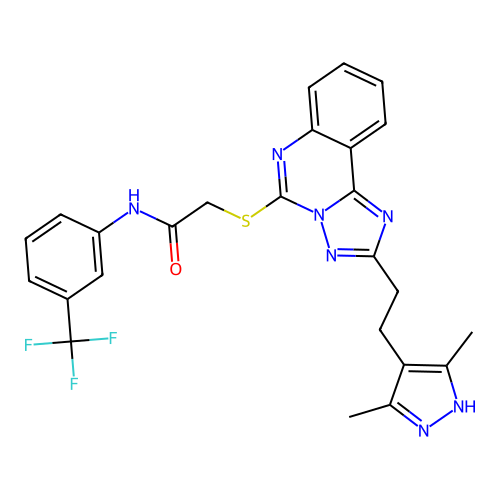 2-({2-[2-(3,5-dimethyl-1H-pyrazol-4-yl)ethyl]-[1,2,4]triazolo[1,5-c]quinazolin-5-yl}sulfanyl)-N-[3-(trifluoromethyl)phenyl]acetamide structure