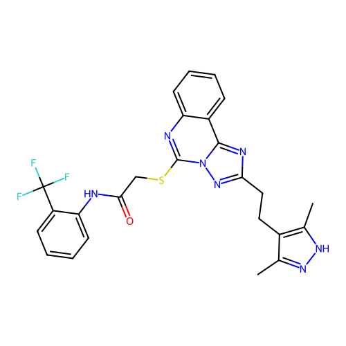 2-({2-[2-(3,5-dimethyl-1H-pyrazol-4-yl)ethyl]-[1,2,4]triazolo[1,5-c]quinazolin-5-yl}sulfanyl)-N-[2-(trifluoromethyl)phenyl]acetamide structure