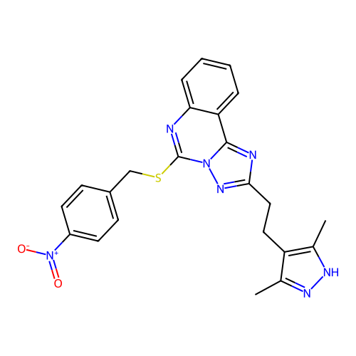 3,5-dimethyl-4-[2-(5-{[(4-nitrophenyl)methyl]sulfanyl}-[1,2,4]triazolo[1,5-c]quinazolin-2-yl)ethyl]-1H-pyrazole structure