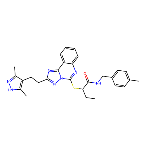2-({2-[2-(3,5-dimethyl-1H-pyrazol-4-yl)ethyl]-[1,2,4]triazolo[1,5-c]quinazolin-5-yl}sulfanyl)-N-[(4-methylphenyl)methyl]butanamide structure