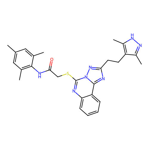 2-({2-[2-(3,5-dimethyl-1H-pyrazol-4-yl)ethyl]-[1,2,4]triazolo[1,5-c]quinazolin-5-yl}sulfanyl)-N-(2,4,6-trimethylphenyl)acetamide structure