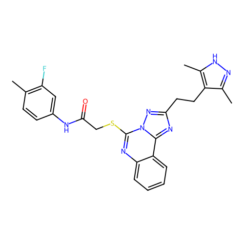 2-({2-[2-(3,5-dimethyl-1H-pyrazol-4-yl)ethyl]-[1,2,4]triazolo[1,5-c]quinazolin-5-yl}sulfanyl)-N-(3-fluoro-4-methylphenyl)acetamide structure