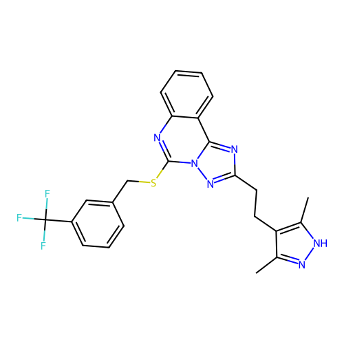 3,5-dimethyl-4-{2-[5-({[3-(trifluoromethyl)phenyl]methyl}sulfanyl)-[1,2,4]triazolo[1,5-c]quinazolin-2-yl]ethyl}-1H-pyrazole structure