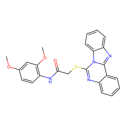 2-(benzimidazolo[1,2-c]quinazolin-6-ylsulfanyl)-N-(2,4-dimethoxyphenyl)acetamide structure
