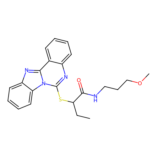 2-(benzimidazolo[1,2-c]quinazolin-6-ylsulfanyl)-N-(3-methoxypropyl)butanamide structure