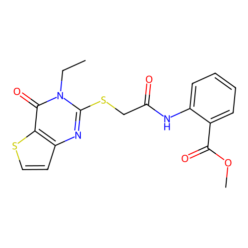 methyl 2-[2-({3-ethyl-4-oxo-3H,4H-thieno[3,2-d]pyrimidin-2-yl}sulfanyl)acetamido]benzoate structure