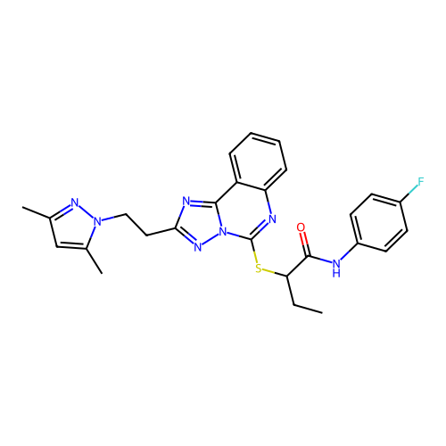 2-({2-[2-(3,5-dimethyl-1H-pyrazol-1-yl)ethyl]-[1,2,4]triazolo[1,5-c]quinazolin-5-yl}sulfanyl)-N-(4-fluorophenyl)butanamide structure