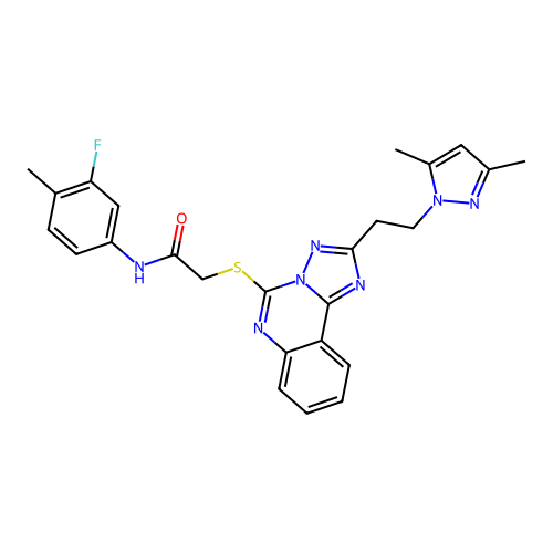 2-({2-[2-(3,5-dimethyl-1H-pyrazol-1-yl)ethyl]-[1,2,4]triazolo[1,5-c]quinazolin-5-yl}sulfanyl)-N-(3-fluoro-4-methylphenyl)acetamide structure