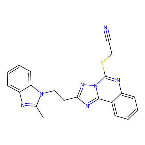 2-({2-[2-(2-methyl-1H-1,3-benzodiazol-1-yl)ethyl]-[1,2,4]triazolo[1,5-c]quinazolin-5-yl}sulfanyl)acetonitrile structure