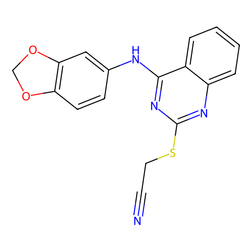 {[4-(1,3-Benzodioxol-5-ylamino)quinazolin-2-yl]thio}acetonitrile structure