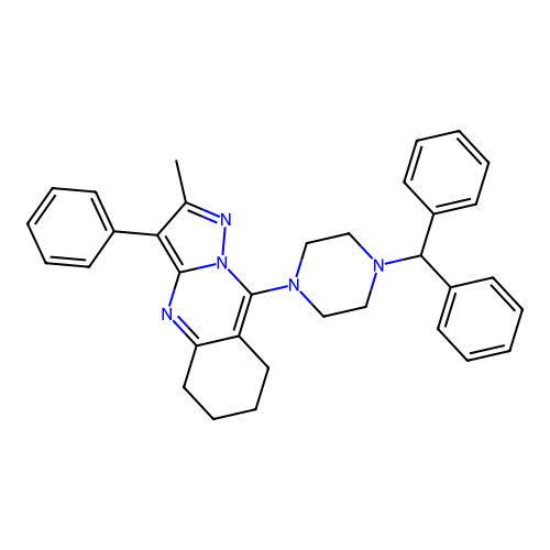 9-[4-(diphenylmethyl)piperazin-1-yl]-2-methyl-3-phenyl-5,6,7,8-tetrahydropyrazolo[5,1-b]quinazoline structure