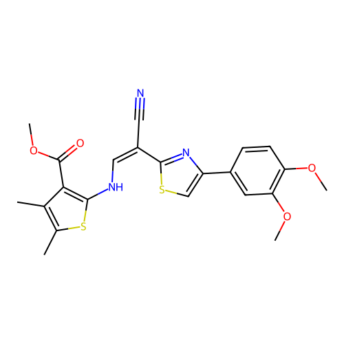 (Z)-methyl 2-((2-cyano-2-(4-(3,4-dimethoxyphenyl)thiazol-2-yl)vinyl)amino)-4,5-dimethylthiophene-3-carboxylate structure