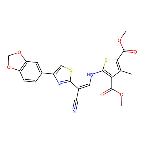 (Z)-dimethyl 5-((2-(4-(benzo[d][1,3]dioxol-5-yl)thiazol-2-yl)-2-cyanovinyl)amino)-3-methylthiophene-2,4-dicarboxylate structure