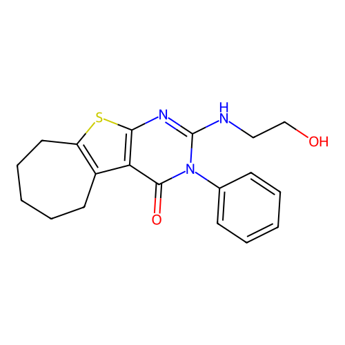 2-((2-hydroxyethyl)amino)-3-phenyl-6,7,8,9-tetrahydro-3H-cyclohepta[4,5]thieno[2,3-d]pyrimidin-4(5H)-one structure