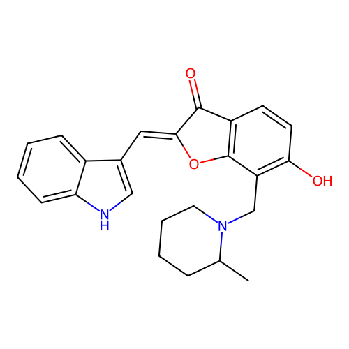 (2Z)-6-hydroxy-2-(1H-indol-3-ylmethylidene)-7-[(2-methylpiperidin-1-yl)methyl]-1-benzofuran-3-one structure