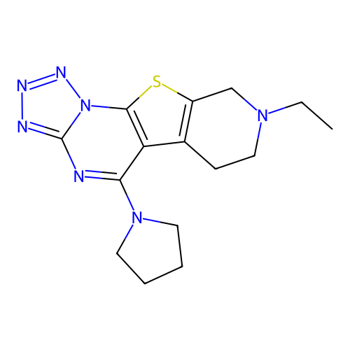 8-ethyl-5-(pyrrolidin-1-yl)-6,7,8,9-tetrahydropyrido[4',3':4,5]thieno[3,2-e]tetrazolo[1,5-a]pyrimidine structure