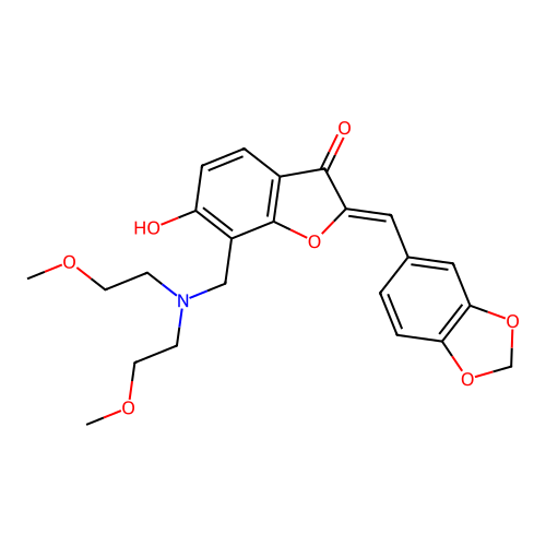 (2Z)-2-(1,3-benzodioxol-5-ylmethylidene)-7-[[bis(2-methoxyethyl)amino]methyl]-6-hydroxy-1-benzofuran-3-one structure
