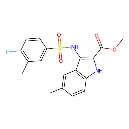 methyl 3-(4-fluoro-3-methylphenylsulfonamido)-5-methyl-1H-indole-2-carboxylate structure