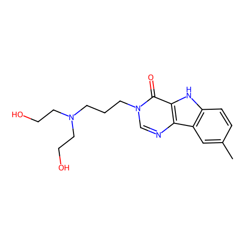 3-(3-(bis(2-hydroxyethyl)amino)propyl)-8-methyl-3H-pyrimido[5,4-b]indol-4(5H)-one structure