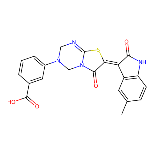 (Z)-3-(7-(5-methyl-2-oxoindolin-3-ylidene)-6-oxo-6,7-dihydro-2H-thiazolo[3,2-a][1,3,5]triazin-3(4H)-yl)benzoic acid structure