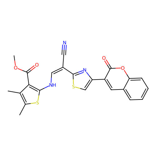 (Z)-methyl 2-((2-cyano-2-(4-(2-oxo-2H-chromen-3-yl)thiazol-2-yl)vinyl)amino)-4,5-dimethylthiophene-3-carboxylate structure