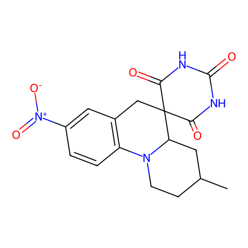 2',6'-dihydroxy-3-methyl-8-nitro-2,3,4,4a-tetrahydro-1H,4'H,6H-spiro[pyrido[1,2-a]quinoline-5,5'-pyrimidin]-4'-one structure