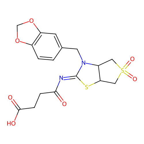 4-{[(2Z)-3-(1,3-benzodioxol-5-ylmethyl)-5,5-dioxidotetrahydrothieno[3,4-d][1,3]thiazol-2(3H)-ylidene]amino}-4-oxobutanoic acid structure