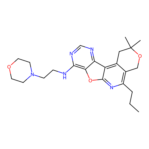 2,2-dimethyl-N-(2-morpholinoethyl)-5-propyl-2,4-dihydro-1H-pyrano[4'',3'':4',5']pyrido[3',2':4,5]furo[3,2-d]pyrimidin-8-amine structure