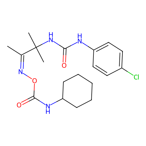 (Z)-1-(4-chlorophenyl)-3-(3-(((cyclohexylcarbamoyl)oxy)imino)-2-methylbutan-2-yl)urea structure