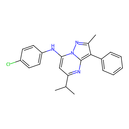 N-(4-chlorophenyl)-2-methyl-3-phenyl-5-(propan-2-yl)pyrazolo[1,5-a]pyrimidin-7-amine structure