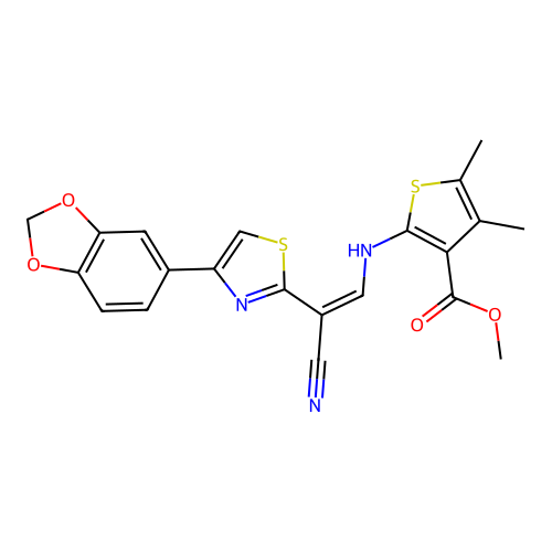 (Z)-methyl 2-((2-(4-(benzo[d][1,3]dioxol-5-yl)thiazol-2-yl)-2-cyanovinyl)amino)-4,5-dimethylthiophene-3-carboxylate structure