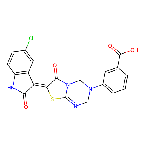 (Z)-3-(7-(5-chloro-2-oxoindolin-3-ylidene)-6-oxo-6,7-dihydro-2H-thiazolo[3,2-a][1,3,5]triazin-3(4H)-yl)benzoic acid structure