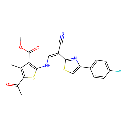 (Z)-methyl 5-acetyl-2-((2-cyano-2-(4-(4-fluorophenyl)thiazol-2-yl)vinyl)amino)-4-methylthiophene-3-carboxylate structure